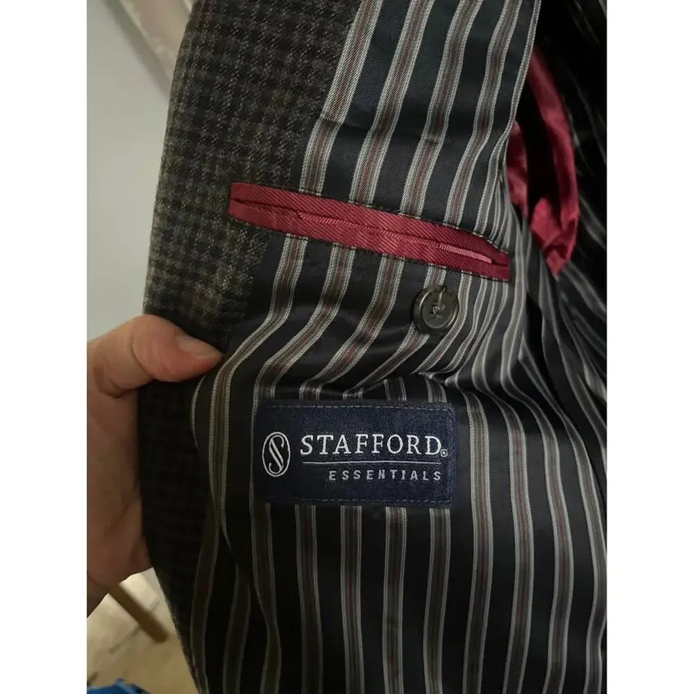 Men’s Stafford Herringbone Plaid Blazer Elbow Patch Wool Classic 42S Brown Navy